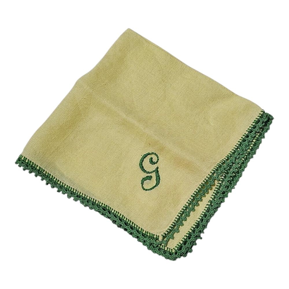 Vintage Handkerchief Pale Yellow Fabric Letter G Green Crochet Edge Granny Core